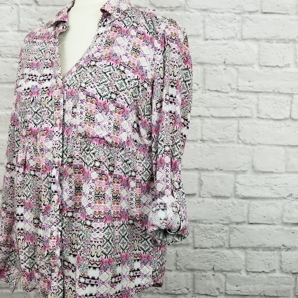 Maeve Anthro Islet pink white black print button front top women's size XSmall - Picture 9 of 9